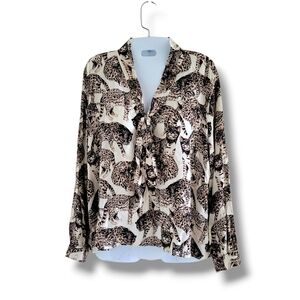 H&M | Elegant Ocelot Self-Tie Long Sleeve Flowy Blouse (SIZE 12)